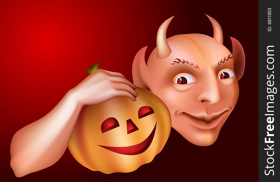 Devil smiling with pumpkin in hand. Devil smiling with pumpkin in hand