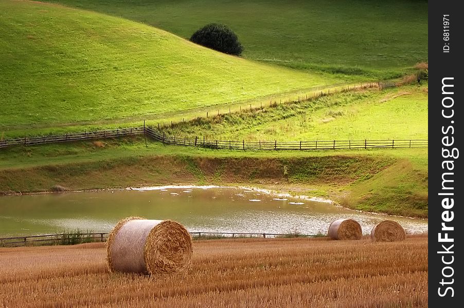 Rural landscape, Hay bales in a field on a bright sunny day. Rural landscape, Hay bales in a field on a bright sunny day