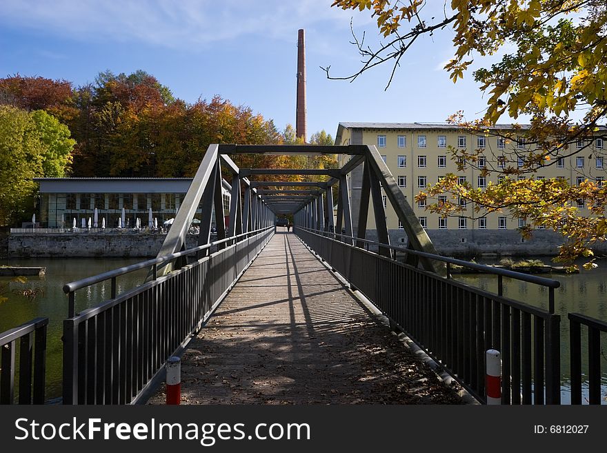 Bridge and Cafe over the river Iller in Kempten, Germany. Bridge and Cafe over the river Iller in Kempten, Germany.