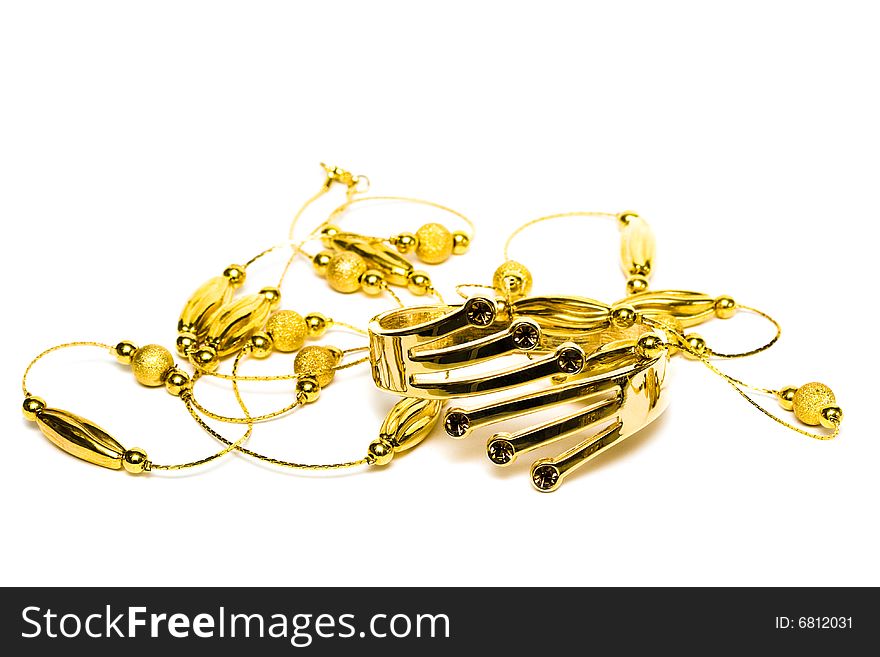 Golden bracelet with beads isolated on white background
