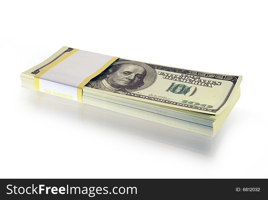 Bundle of dollar's bank notes lying on white background. Bundle of dollar's bank notes lying on white background