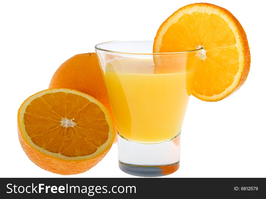 Orange juice with fresh oranges isolated against a white background