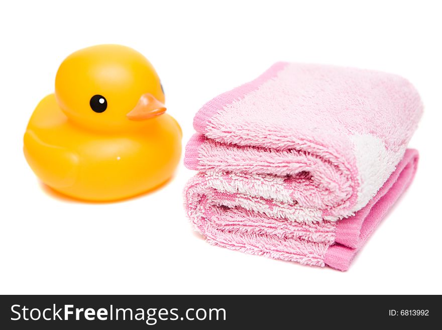 Pink towel isolated on white background