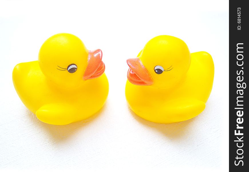 Two rubber ducks chatting together. Great representation of childhood.