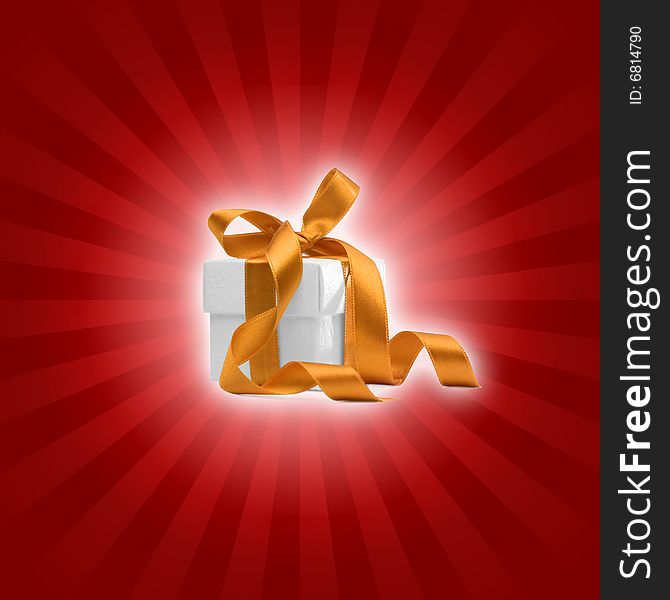 Present box with orange ribbon and red background. Present box with orange ribbon and red background