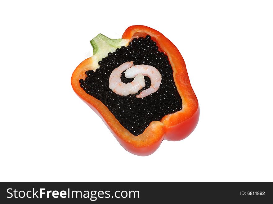 Black caviar  with red bell pepper and shrimps (isolated)