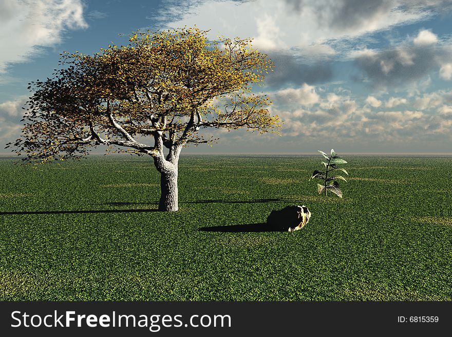 An illustration of a peaceful setting with tree and plant. An illustration of a peaceful setting with tree and plant.