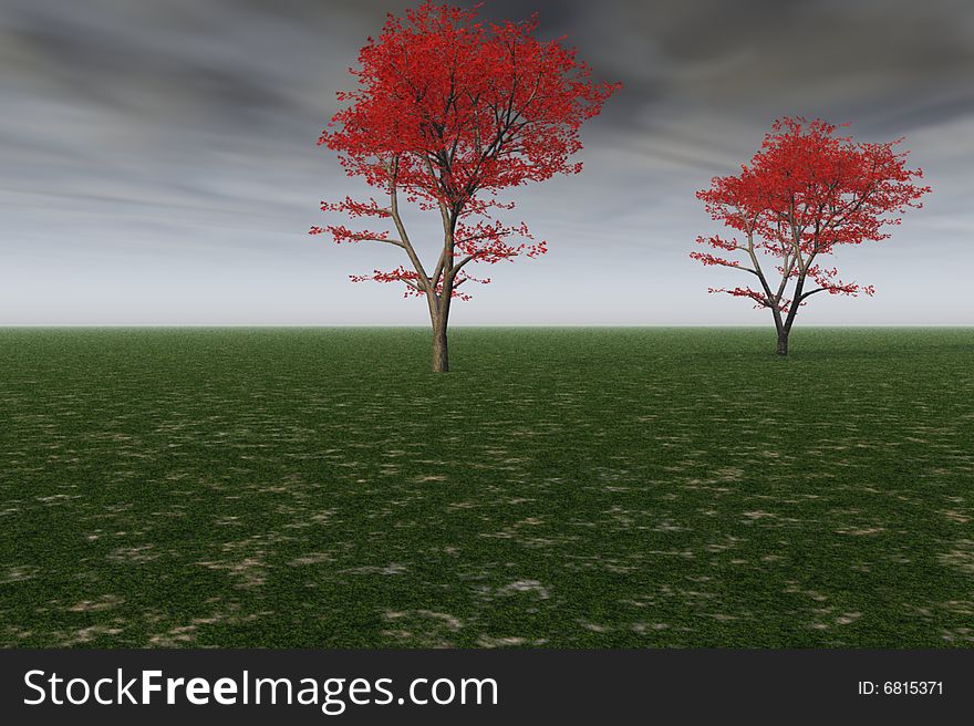 Illustration of two brightly colored trees in a meadow or field. Illustration of two brightly colored trees in a meadow or field.