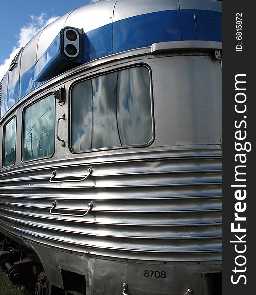 Silver and blue passenger train. Silver and blue passenger train