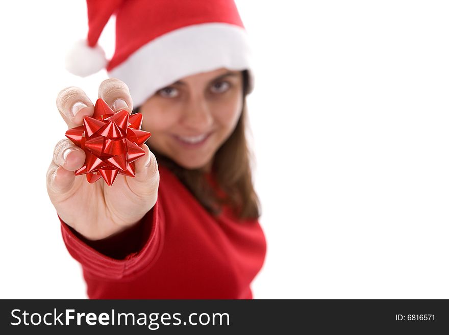 Young christmas santa woman holding red ribbon in the hand. isolated on white background. landscape orientation. Young christmas santa woman holding red ribbon in the hand. isolated on white background. landscape orientation.