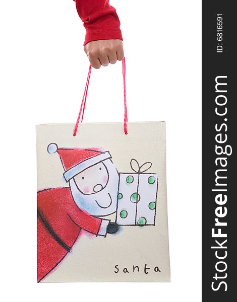 Woman holding christmas present bag in the hand