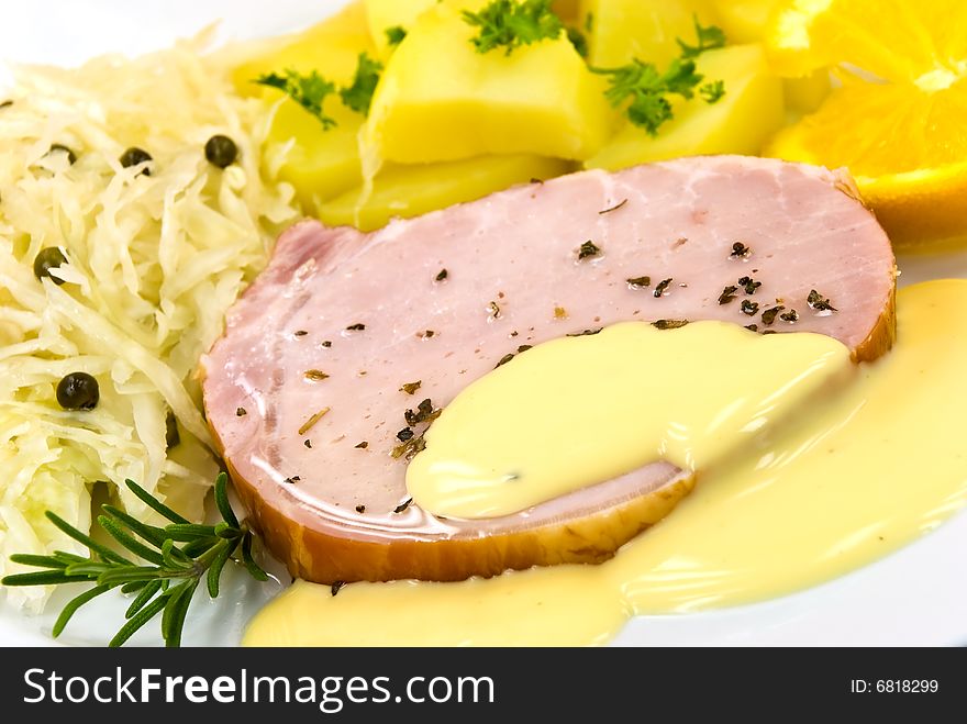 Smoked Ham With Cabbage And Boiled Potatoes