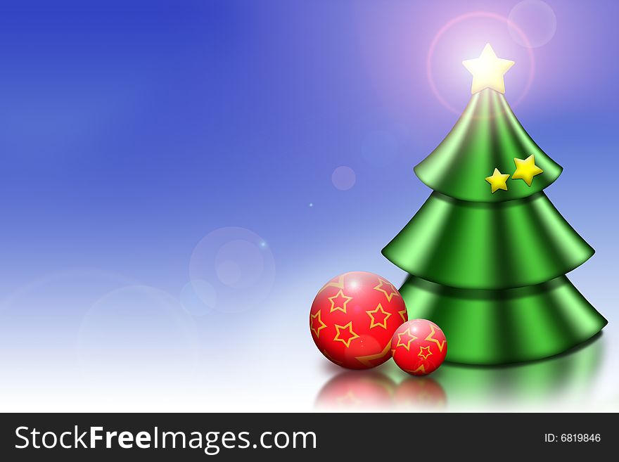 Christmas Tree with a Christmas Ball and Christmas Star on a blue/white