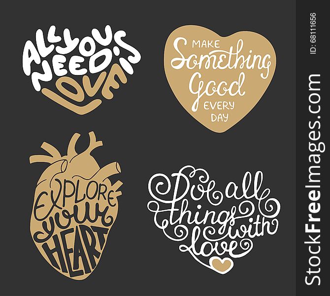 Set of vector hand drawn typography design element in heart shape