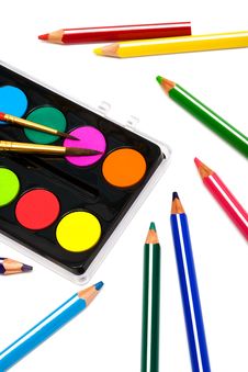Paints And Color Pencils Royalty Free Stock Photography Paints And Color Pencils Royalty Free Stock Photography
