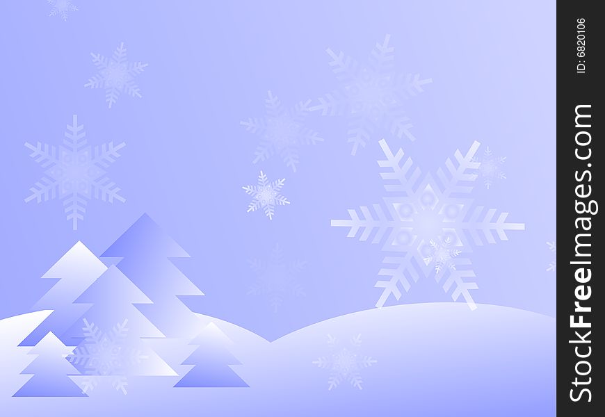 Graphic illustration of blue gradient snowy winter day with trees and falling snowflakes. Graphic illustration of blue gradient snowy winter day with trees and falling snowflakes.