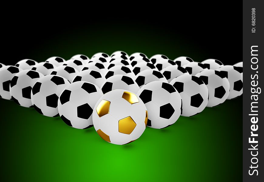 3D Footballs balls in row