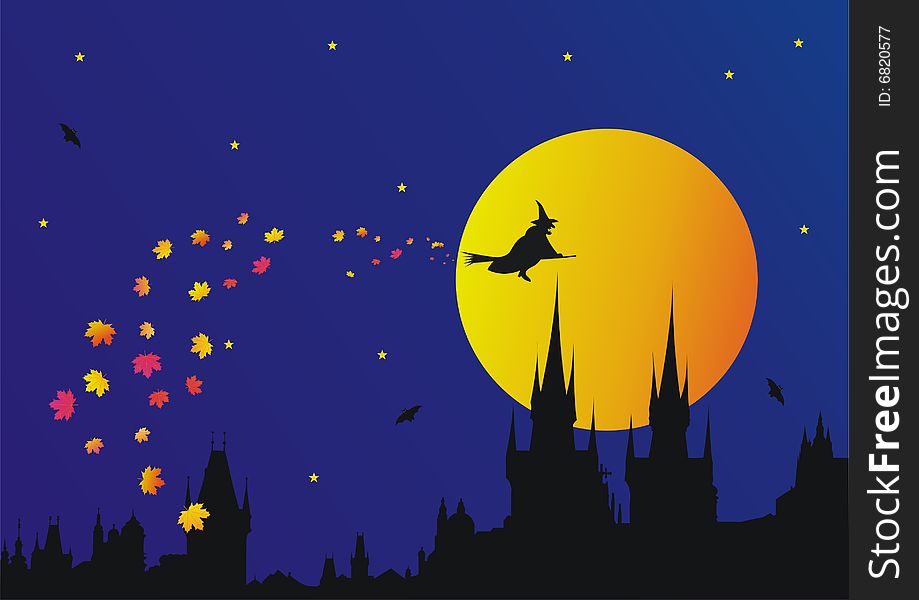 Halloween in gothic town.Silhouette of old Prague was used for creating this illustration