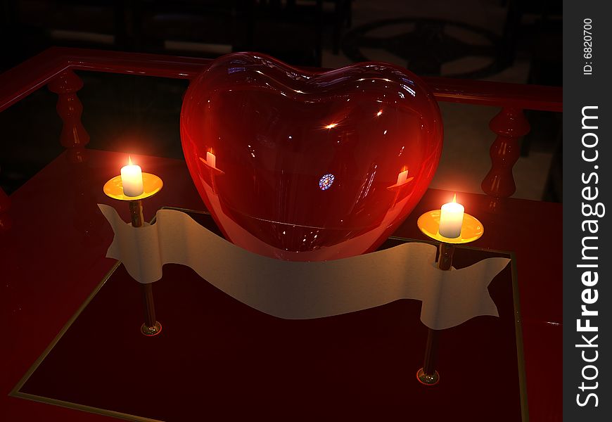 Crystal heart with candles in the church. Crystal heart with candles in the church