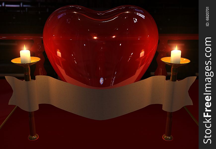 Crystal heart with candles in the church. Crystal heart with candles in the church