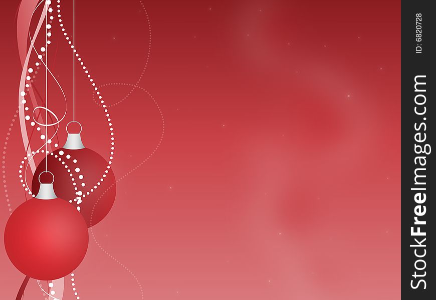 Graphic illustration of red Christmas ornaments hanging with ribbons and beads against a gradient background. Graphic illustration of red Christmas ornaments hanging with ribbons and beads against a gradient background.