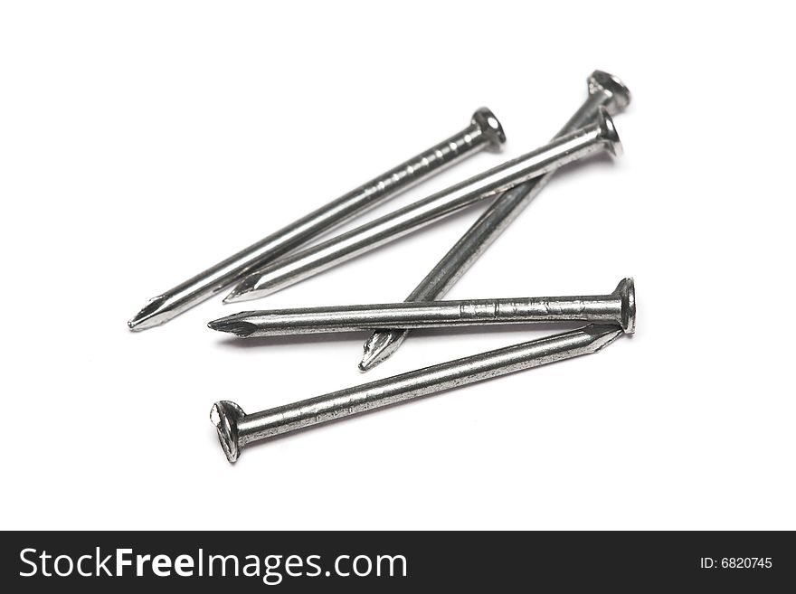 Five pieces of nails isolated on whtie background.