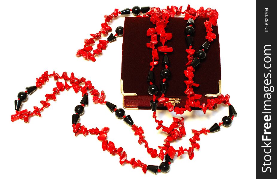 Coral Red And Black Beads (necklace) And Chest.