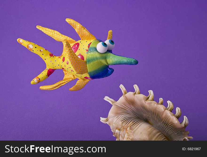 Toy fish and shell close-up isolated on violet background