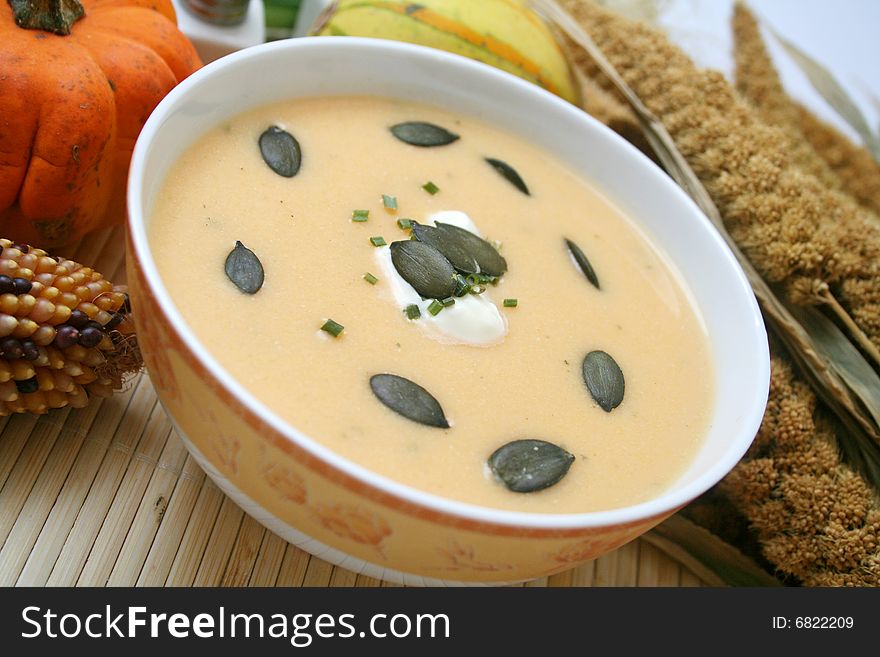 A soup of a pumpkin with fresh spices