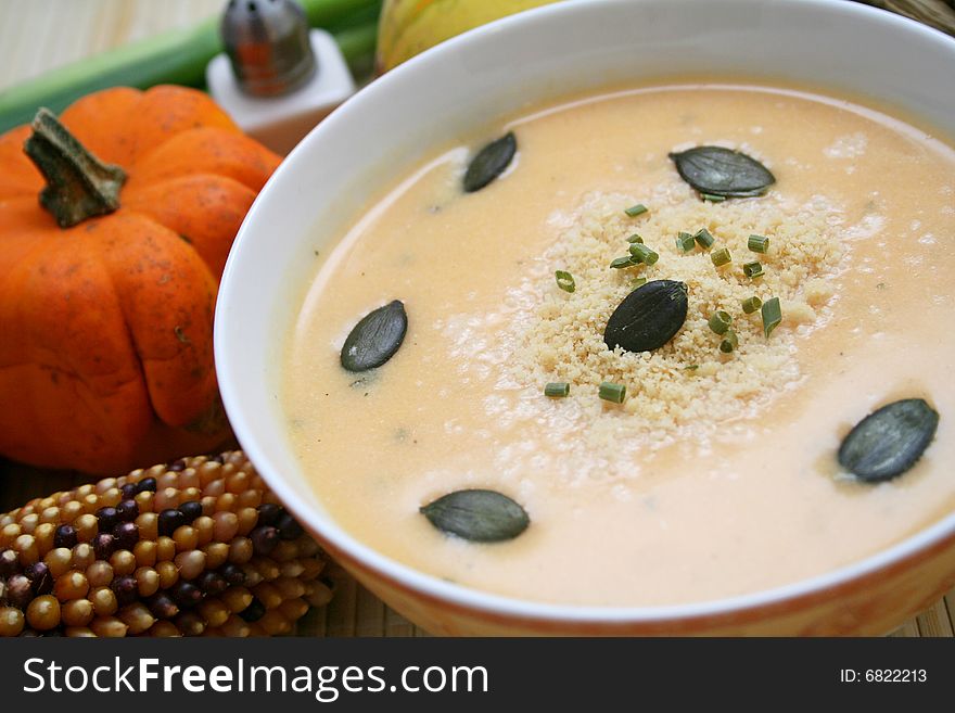 A fresh soup of pumpkins and pumpkin-seeds