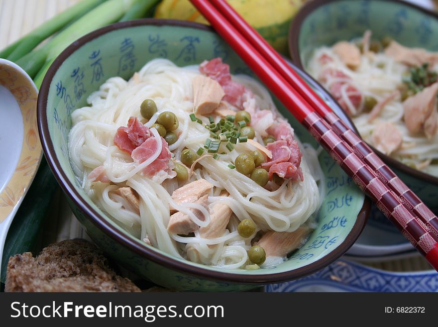An asian meal of somen noodles with meat and vegetables. An asian meal of somen noodles with meat and vegetables