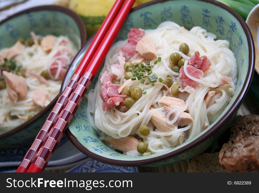 An asian meal of somen noodles with meat and vegetables. An asian meal of somen noodles with meat and vegetables