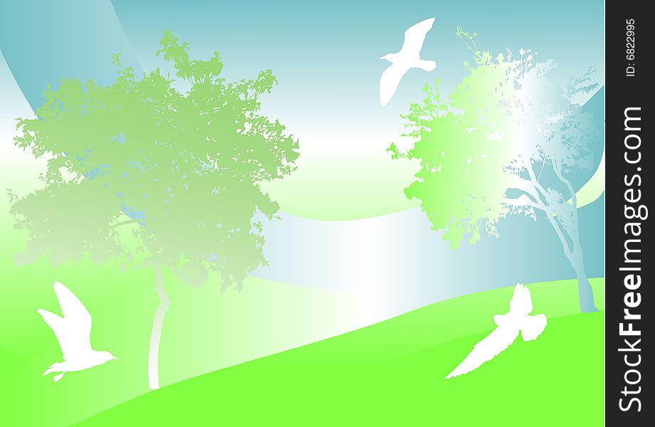 Illustration with green background with trees and birds