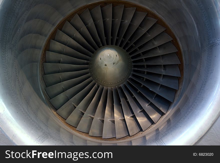 The front of a high bypass turbofan aircraft engine
