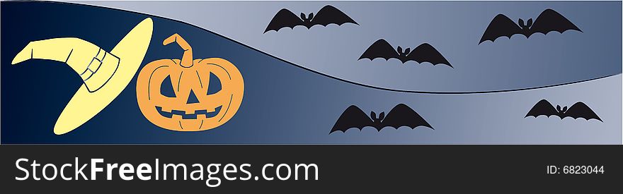 Vector illustration of a carved pumpkin, bats, and a witch hat. Symbols of Halloween, in the shape of a banner. Vector illustration of a carved pumpkin, bats, and a witch hat. Symbols of Halloween, in the shape of a banner