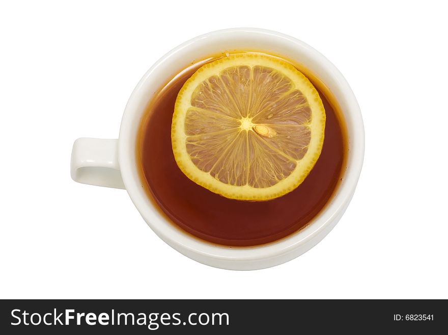 Cup with tea and a lemon on a white background. Cup with tea and a lemon on a white background