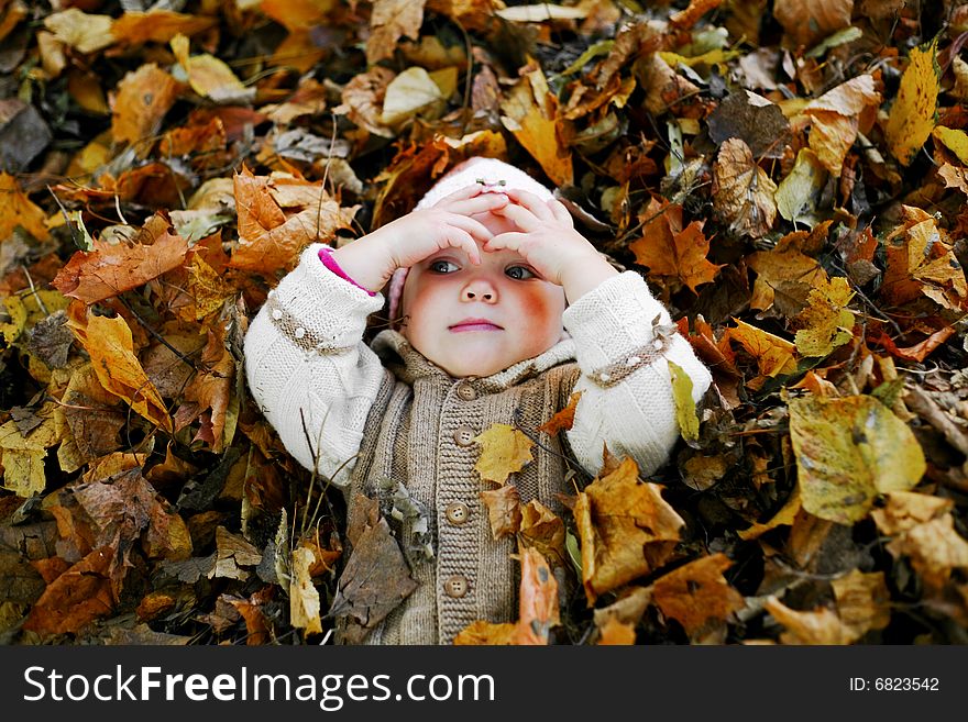 A little child playing in yellow maple leaves. A little child playing in yellow maple leaves