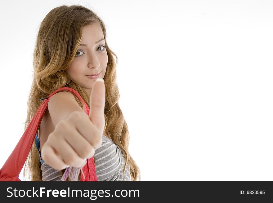 Student showing thumbs up hand gesture on  an isolated white background. Student showing thumbs up hand gesture on  an isolated white background