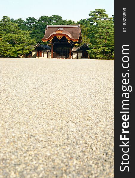 Looking across the sand yard at the Kenshunmon Gate at the Kyoto Imperial Palace. Looking across the sand yard at the Kenshunmon Gate at the Kyoto Imperial Palace