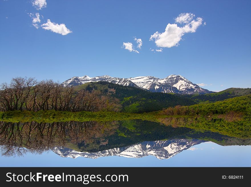Rocky Mountains in the spring showing trees and snow capped mountains. Rocky Mountains in the spring showing trees and snow capped mountains