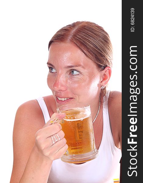Beatifull woman with beer on white