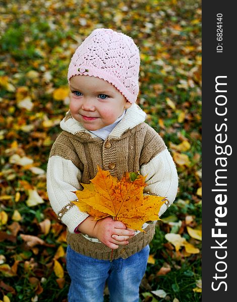 An image of nice baby in leaves in autumn park. An image of nice baby in leaves in autumn park