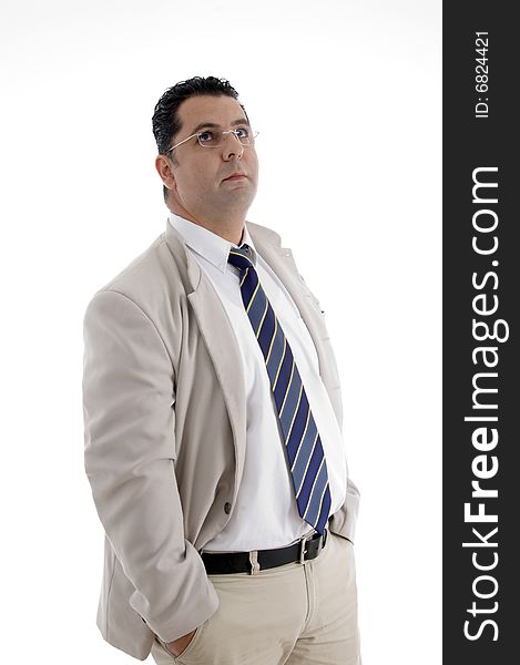 White businessman looking upward on  an isolated white background