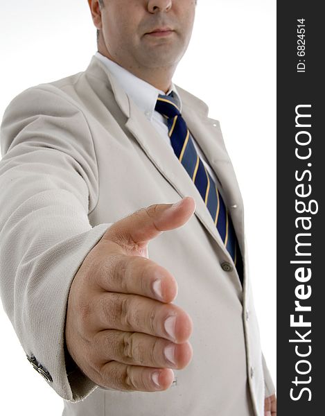 Caucasian businessman offering hand shake on  an isolated white background