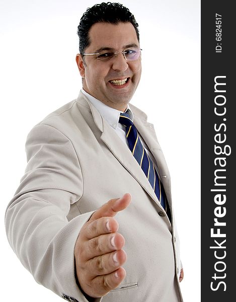 Happy white businessman offering hand shake on  an isolated white background. Happy white businessman offering hand shake on  an isolated white background