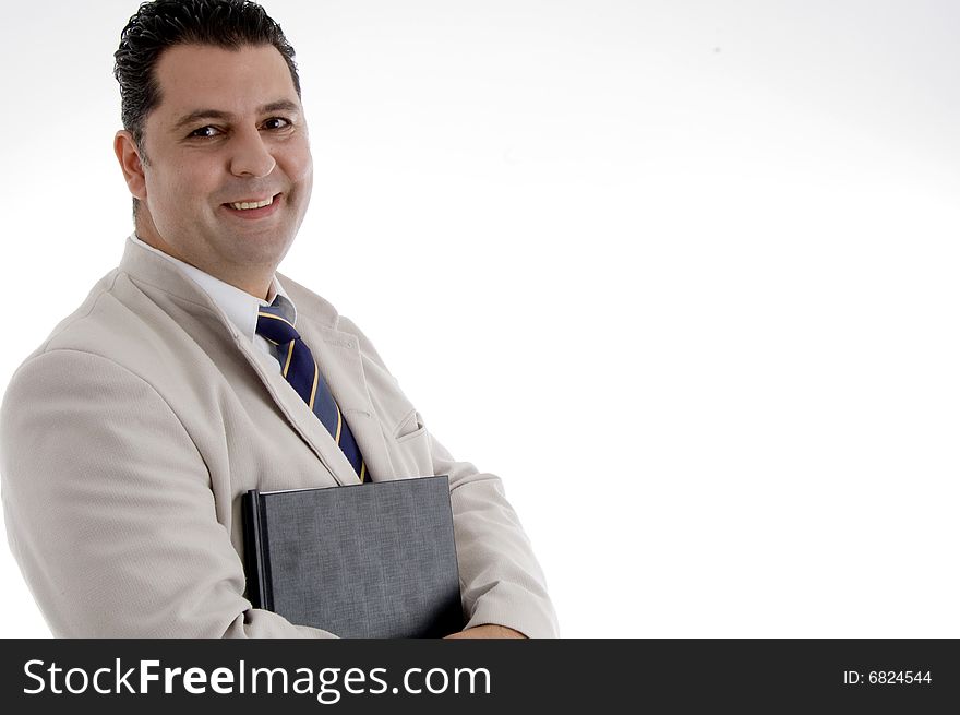 Portrait of happy businessman with file on an isolated white background