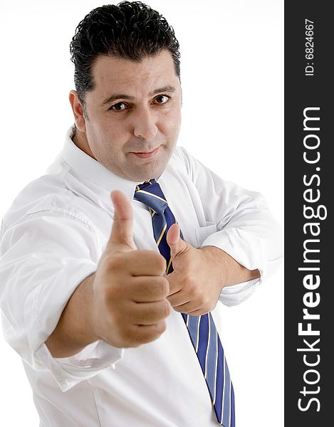 Smiling businessman showing approval gesture on  an isolated white background