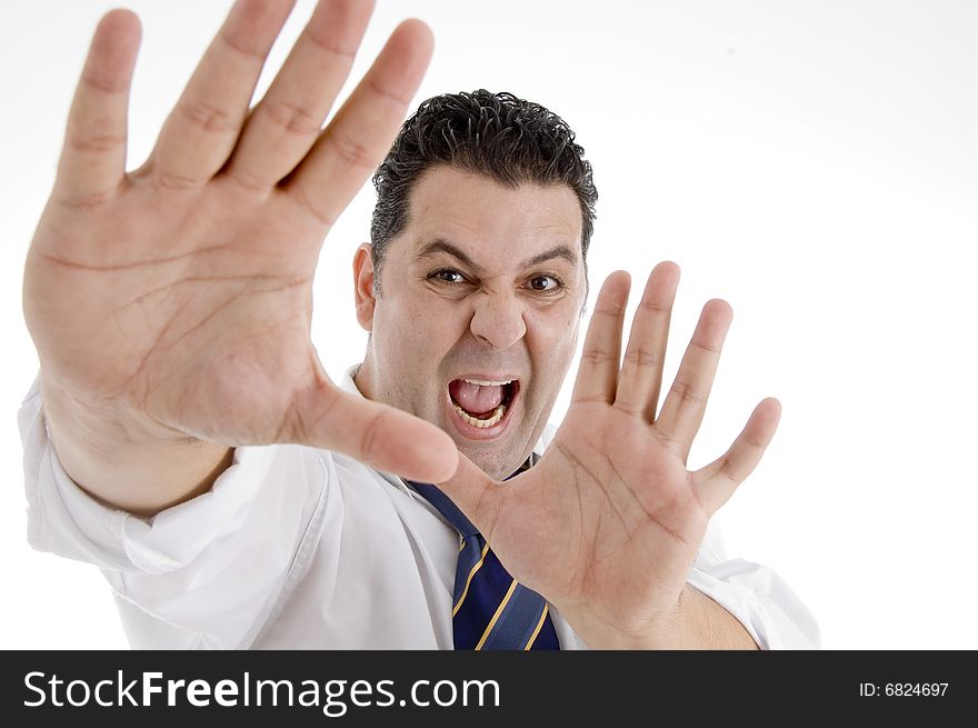 Shouting businessman showing his palms on  an isolated white background