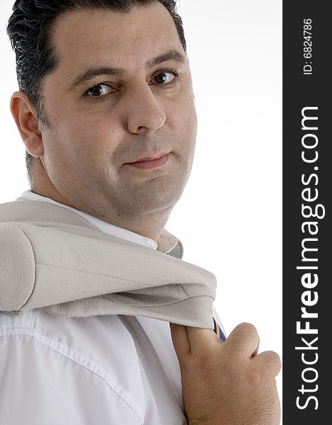 Mature businessman posing with coat on  an isolated white background