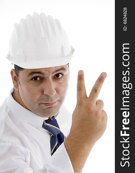 Successful architect showing winning gesture on  an isolated white background